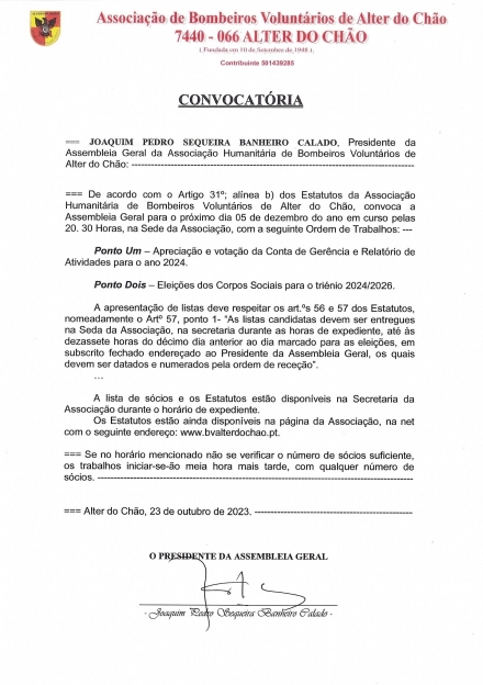 Assembleia Geral da Associação - 5 dezembro 2023 - Bombeiros de Alter do Chão