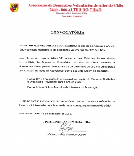 Assembleia Geral da Associação - 29 dezembro 2025 - Bombeiros de Alter do Chão