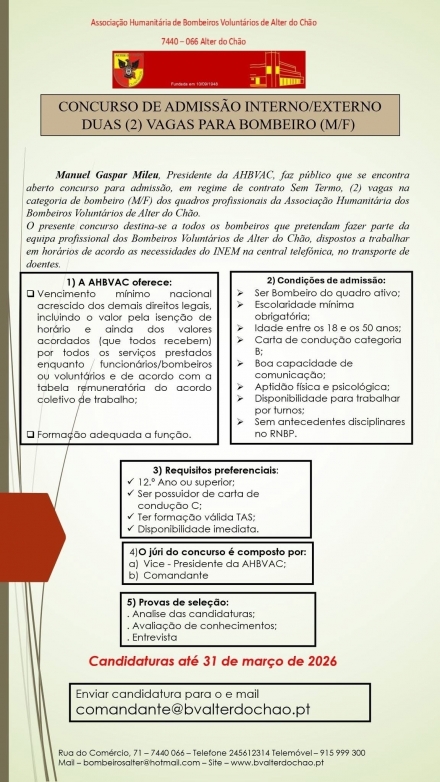 Concurso de Admissão Interno/Externo Duas Vagas (2) Bombeiro (M/F) - Bombeiros de Alter do Chão