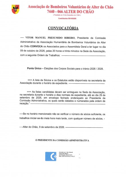Assembleia Geral 09 de outubro de 2026 - Bombeiros de Alter do Chão
