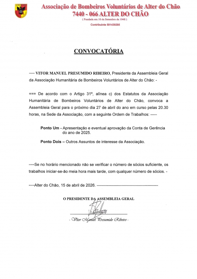 Assembleia Geral 27 de abril de 2026 - Bombeiros de Alter do Chão