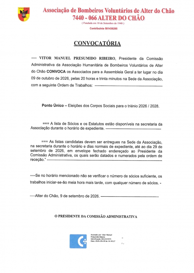 Assembleia Geral 09 de outubro de 2026 - Bombeiros de Alter do Chão